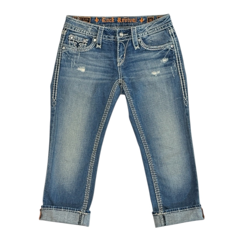 Rock Revival Kai Capri Distressed Low-Rise Rhinestone Embellished Denim Jeans 26 - Picture 4 of 16
